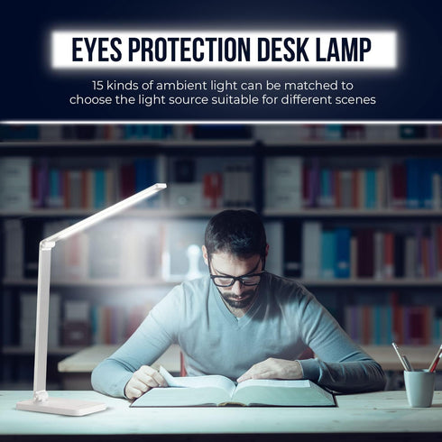 WBM SMART LED Table Lamp, Foldable Desk Lamp with Wireless Charger & USB Port
